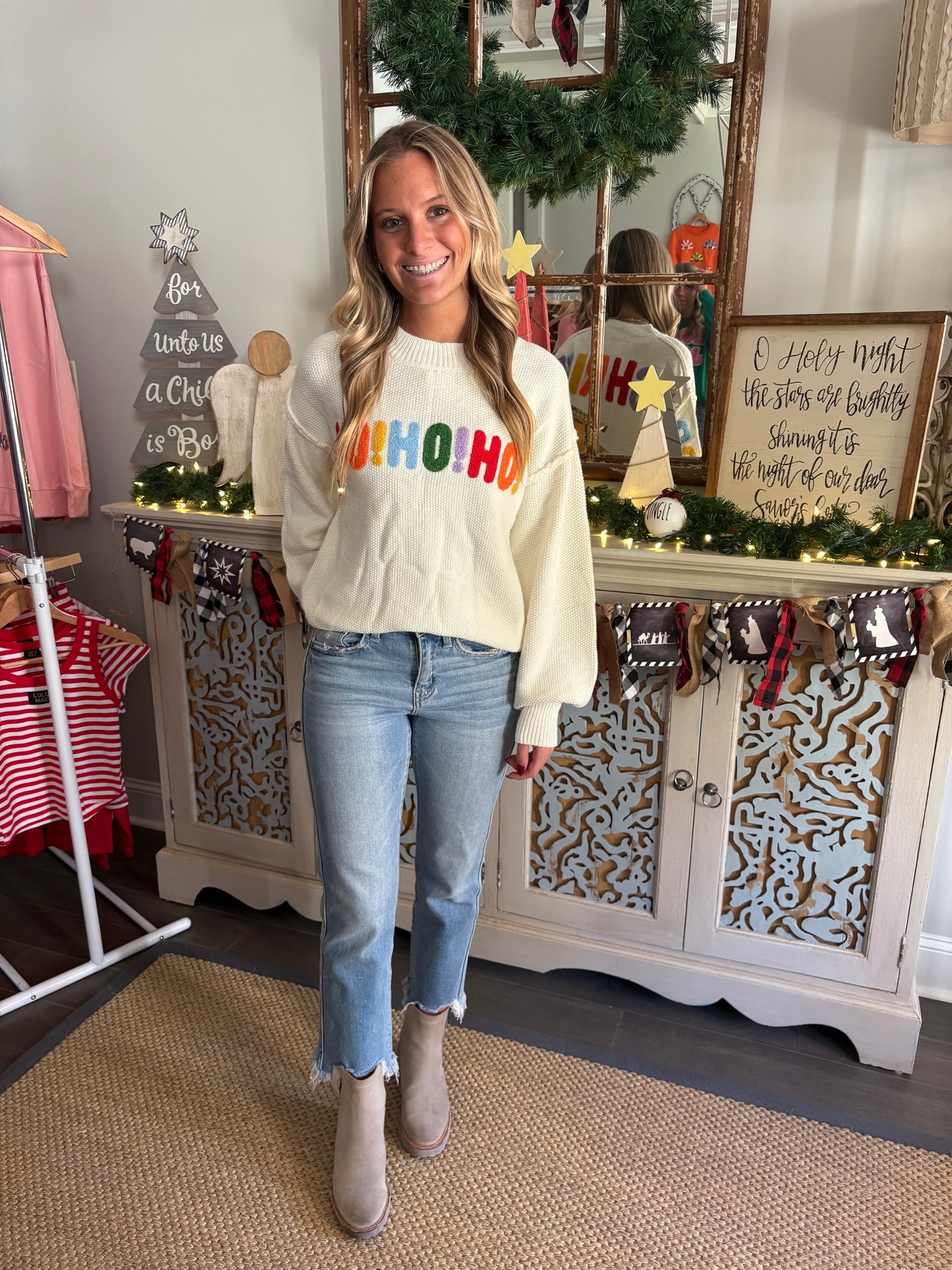 White HOHOHO MERRY CHRISTMAS Chenille Graphic Drop Shoulder Holiday Sweater