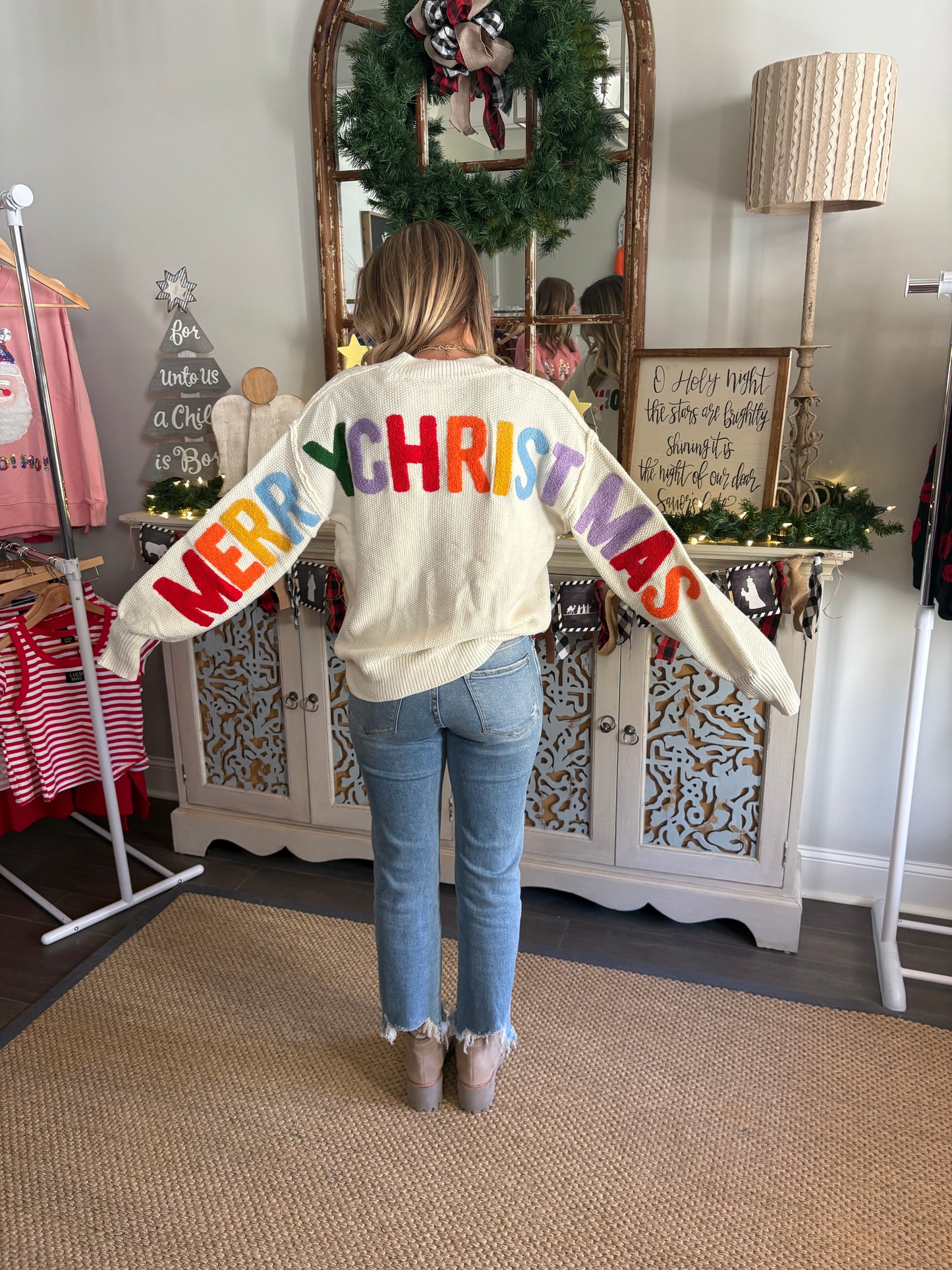 White HOHOHO MERRY CHRISTMAS Chenille Graphic Drop Shoulder Holiday Sweater