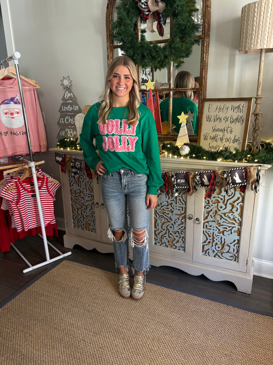 Sea Green HOLLY JOLLY Towel Embroidered Christmas Holiday Sweatshirt