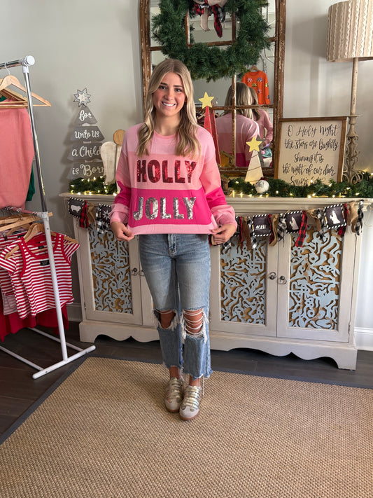Pink Sequined HOLLY JOLLY Color Block Crew Neck Sweater