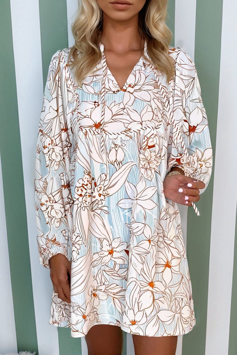 Brown Floral Print Tie Neck 3/4 Sleeve Mini Dress