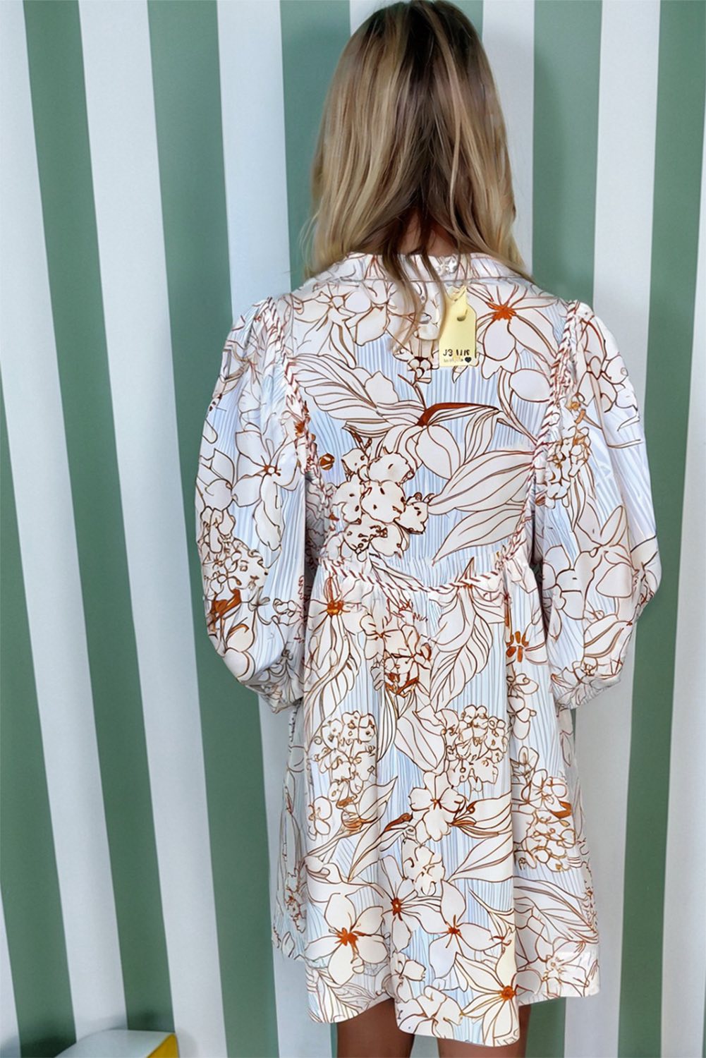 Brown Floral Print Tie Neck 3/4 Sleeve Mini Dress