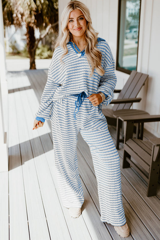 Light Blue Stripe Collared Pullover Top and Drawstring Pant Set