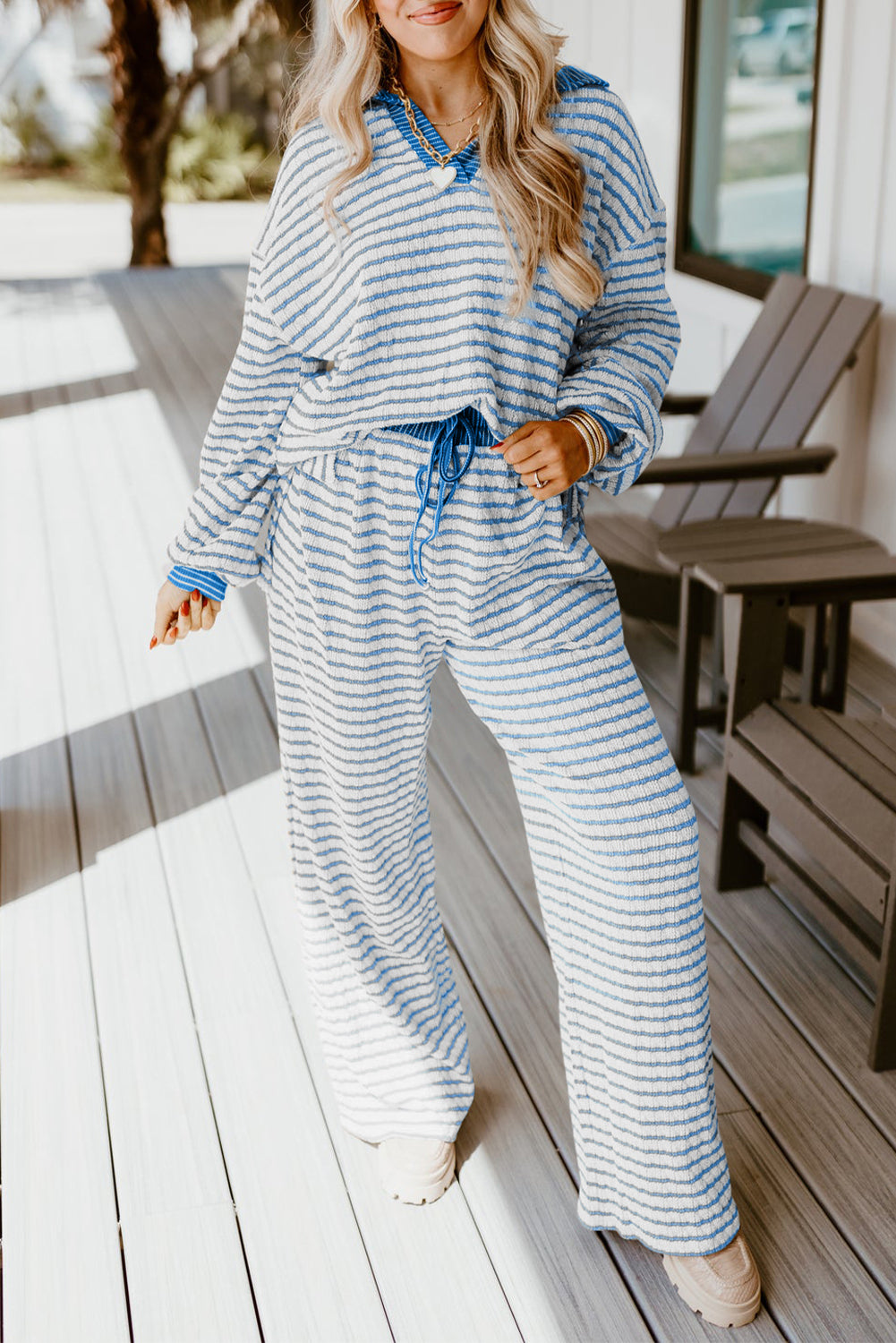 Light Blue Stripe Collared Pullover Top and Drawstring Pant Set