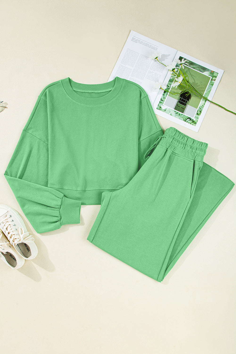 Bright Green Puff Sleeve Drawstring Wide leg pants set
