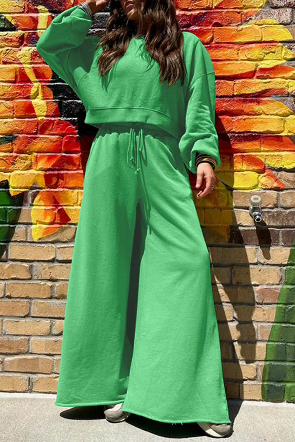 Bright Green Puff Sleeve Drawstring Wide leg pants set
