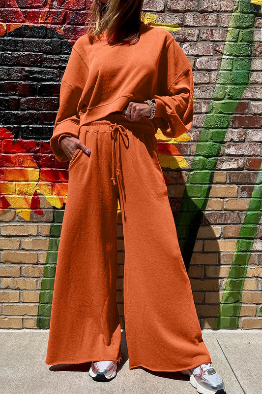 Burnt Orange Puff Sleeve Drawstring Wide leg pants set