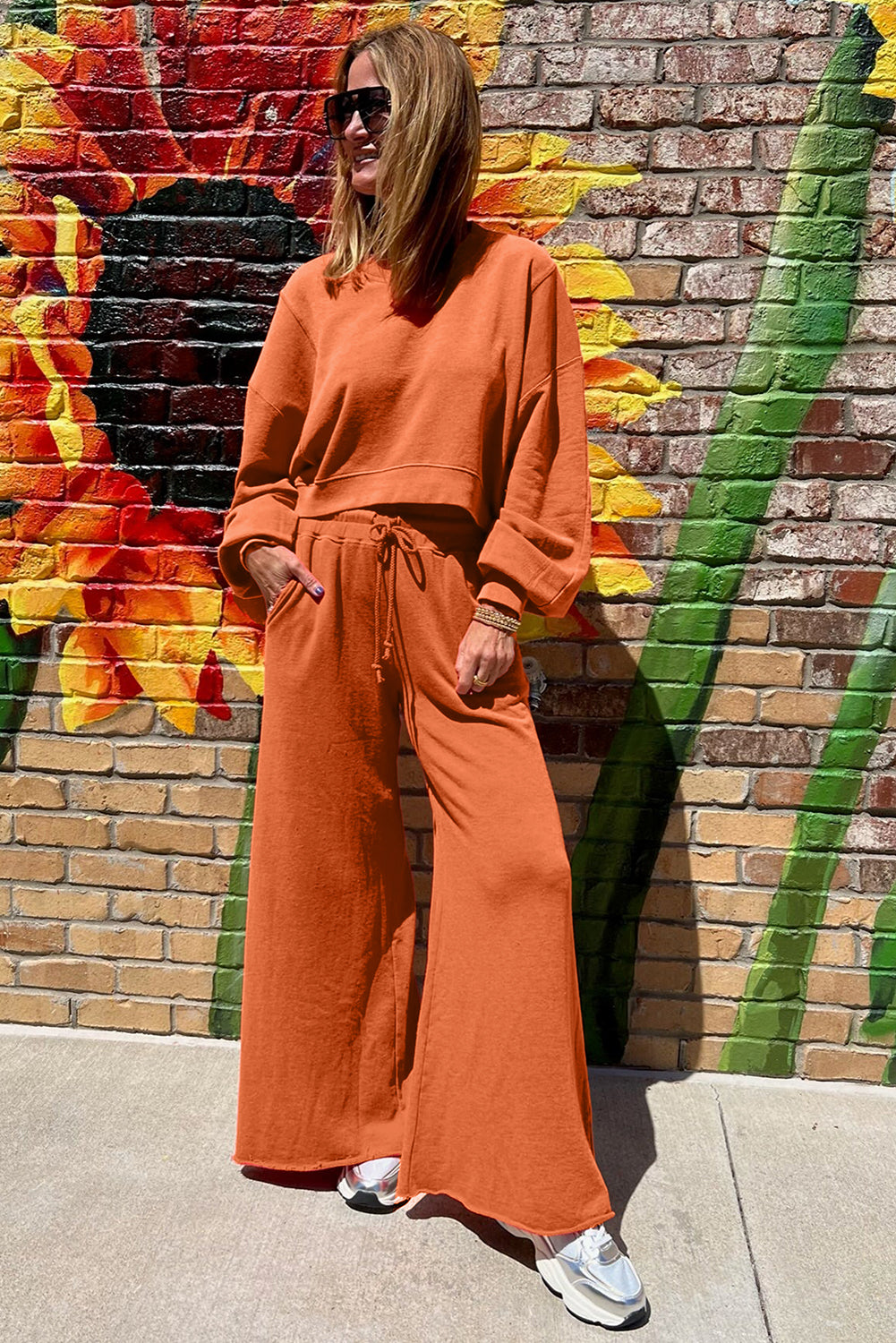 Burnt Orange Puff Sleeve Drawstring Wide leg pants set