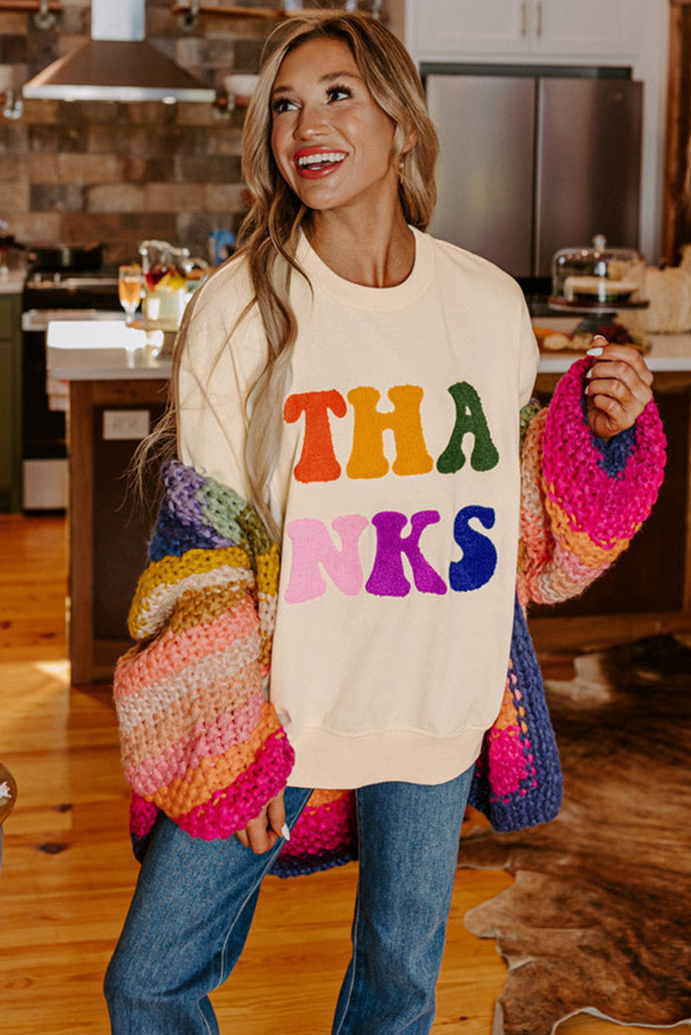 Apricot THANKS Chenille Sweatshirt