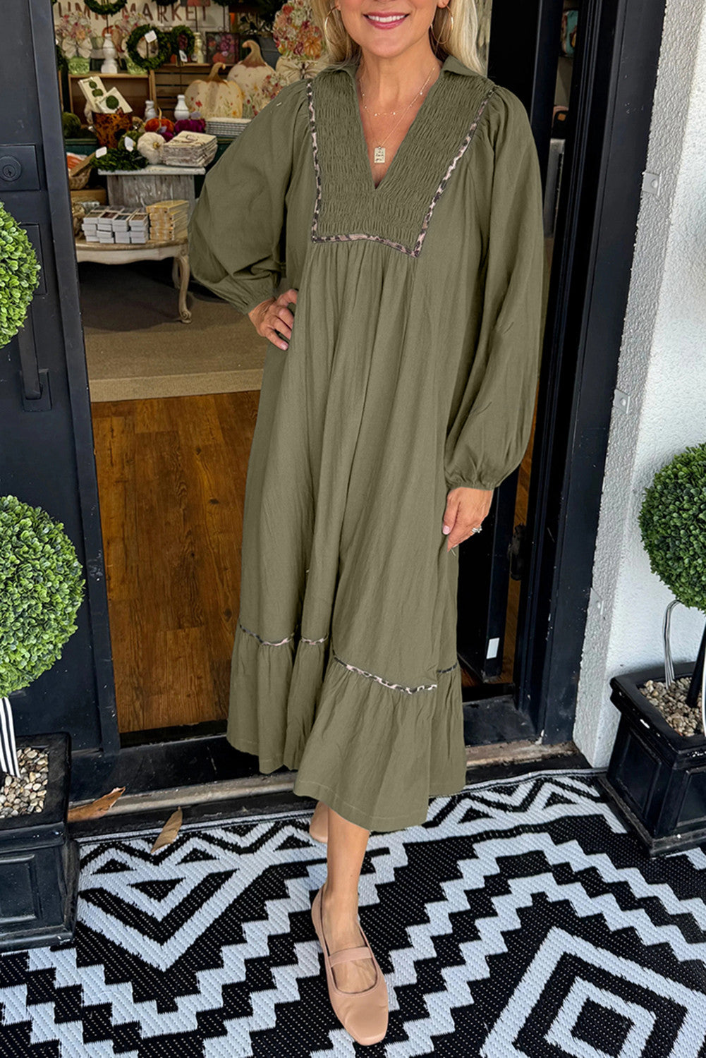 Olive Green Contrast Leopard Trim Bracelet Sleeve Long Dress