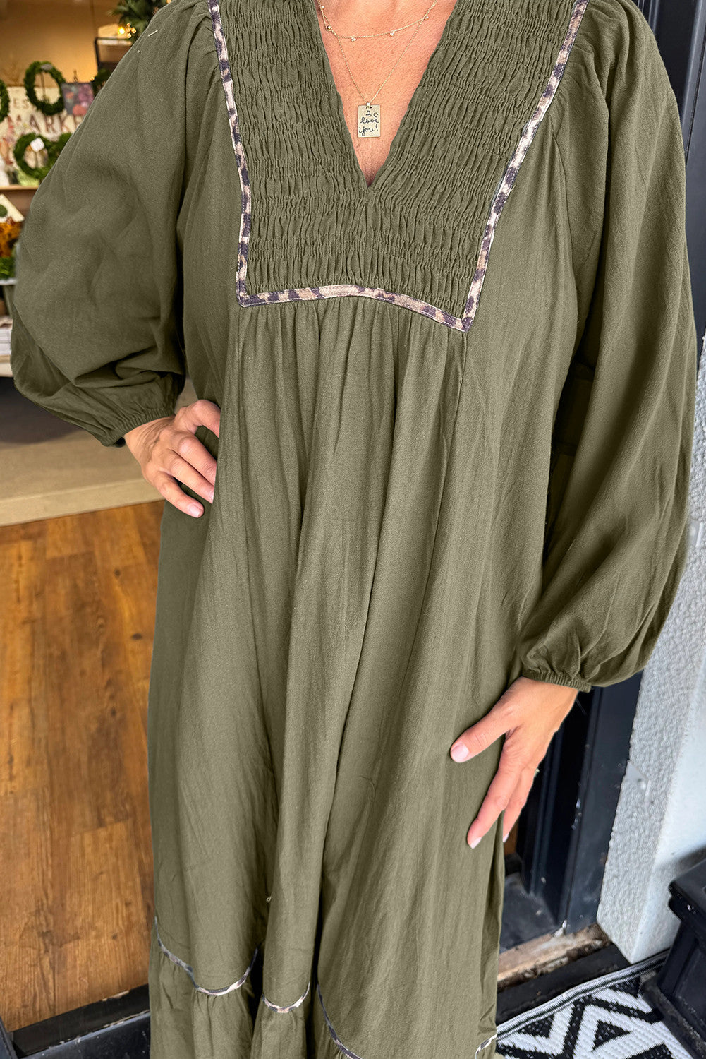 Olive Green Contrast Leopard Trim Bracelet Sleeve Long Dress