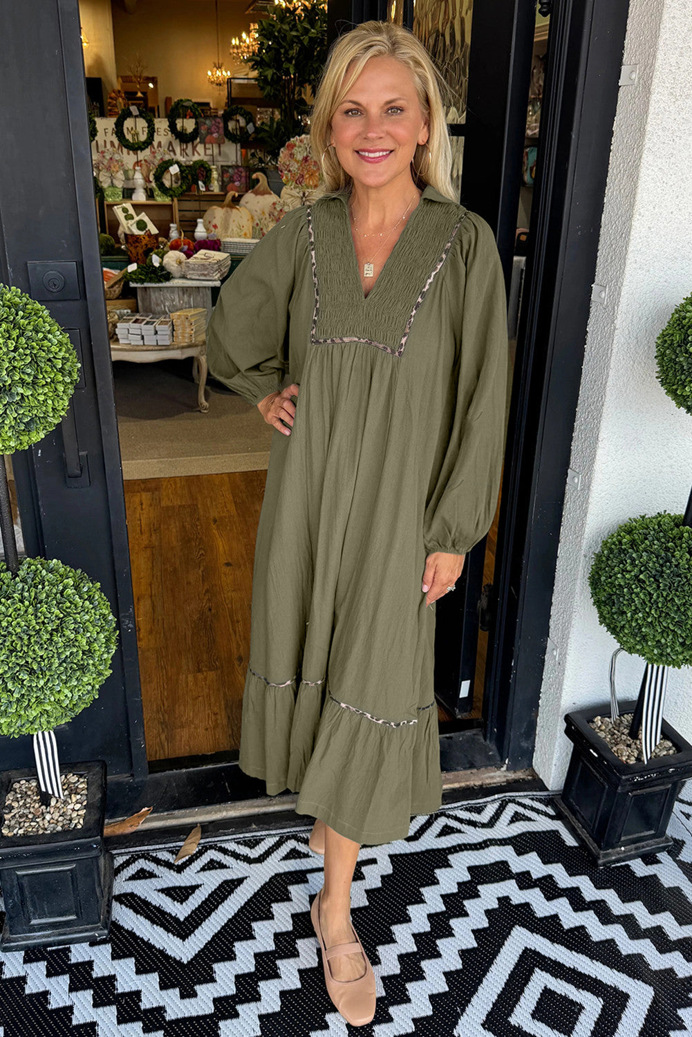 Olive Green Contrast Leopard Trim Bracelet Sleeve Long Dress