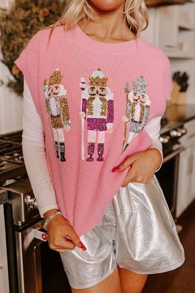 Pink Sequin Nutcracker Short Sleeve Sweater