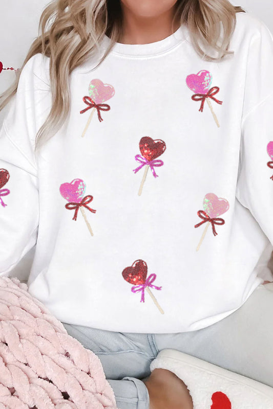 White Multicolor Sequin Heart Lollipop Sweatshirt