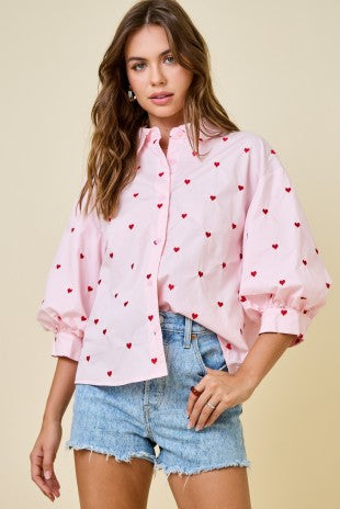 Light pink embroidered heart button up