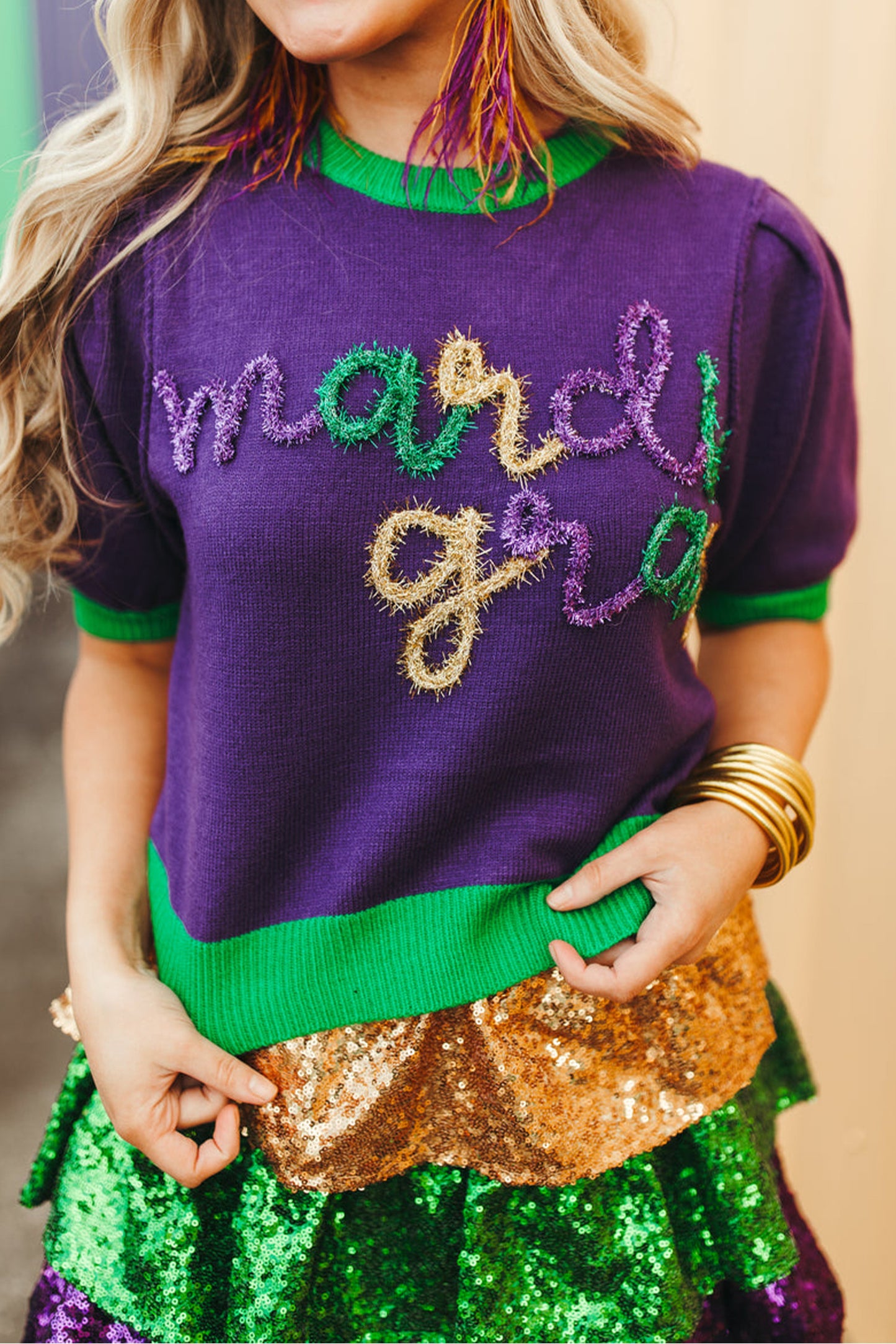 Purple Mardi Gras Tinsel Short Sleeve Sweater