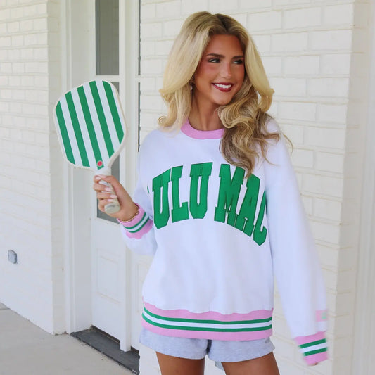 White LuluMac Sweatshirt with Pink and Green Lettering