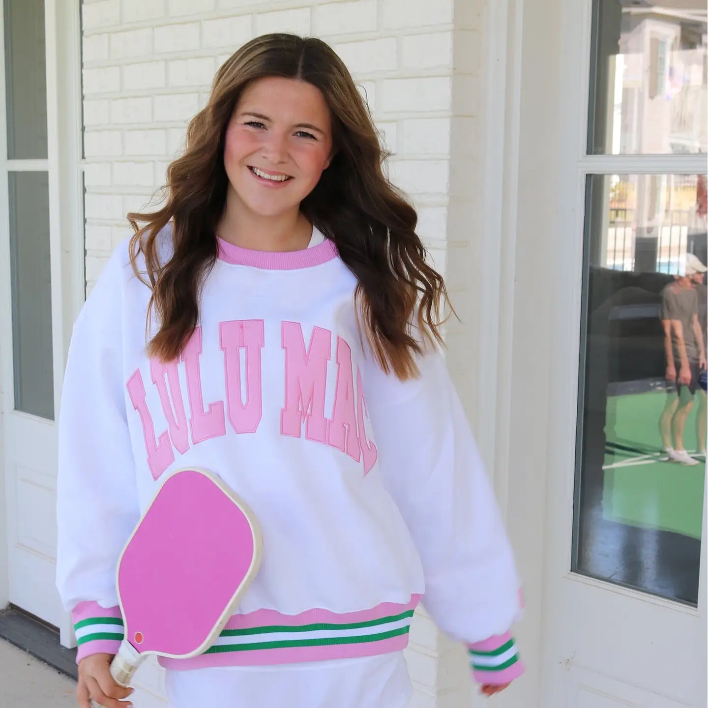 White LuluMac Sweatshirt with Pink and Green Lettering