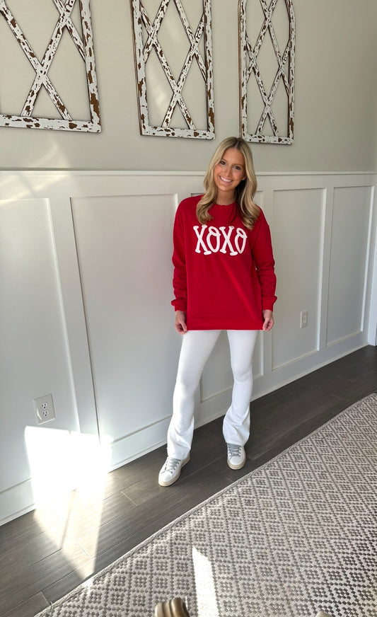 Racing Red Alphabet Chenille Embroidered Pullover Sweatshirt